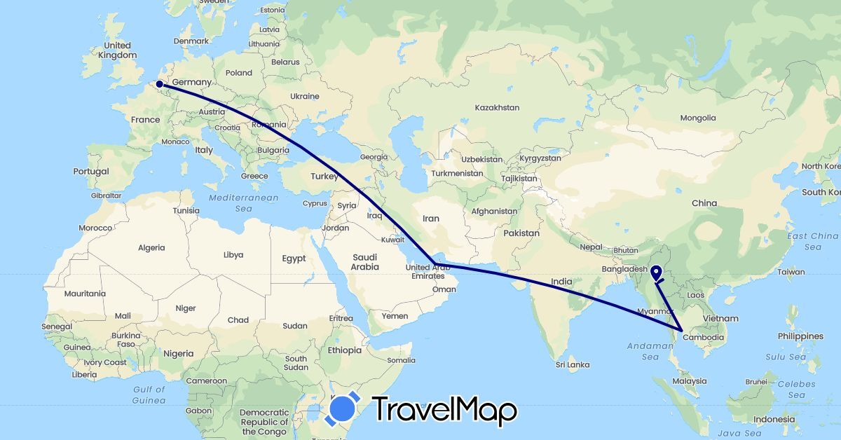 TravelMap itinerary: driving in United Arab Emirates, Belgium, Myanmar (Burma), Thailand (Asia, Europe)